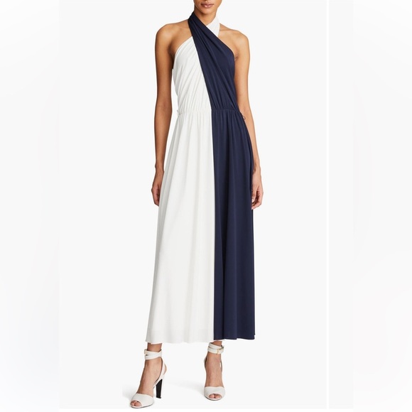 HALSTON Sondra Colorblock Jersey Halter Dress - Picture 1 of 14
